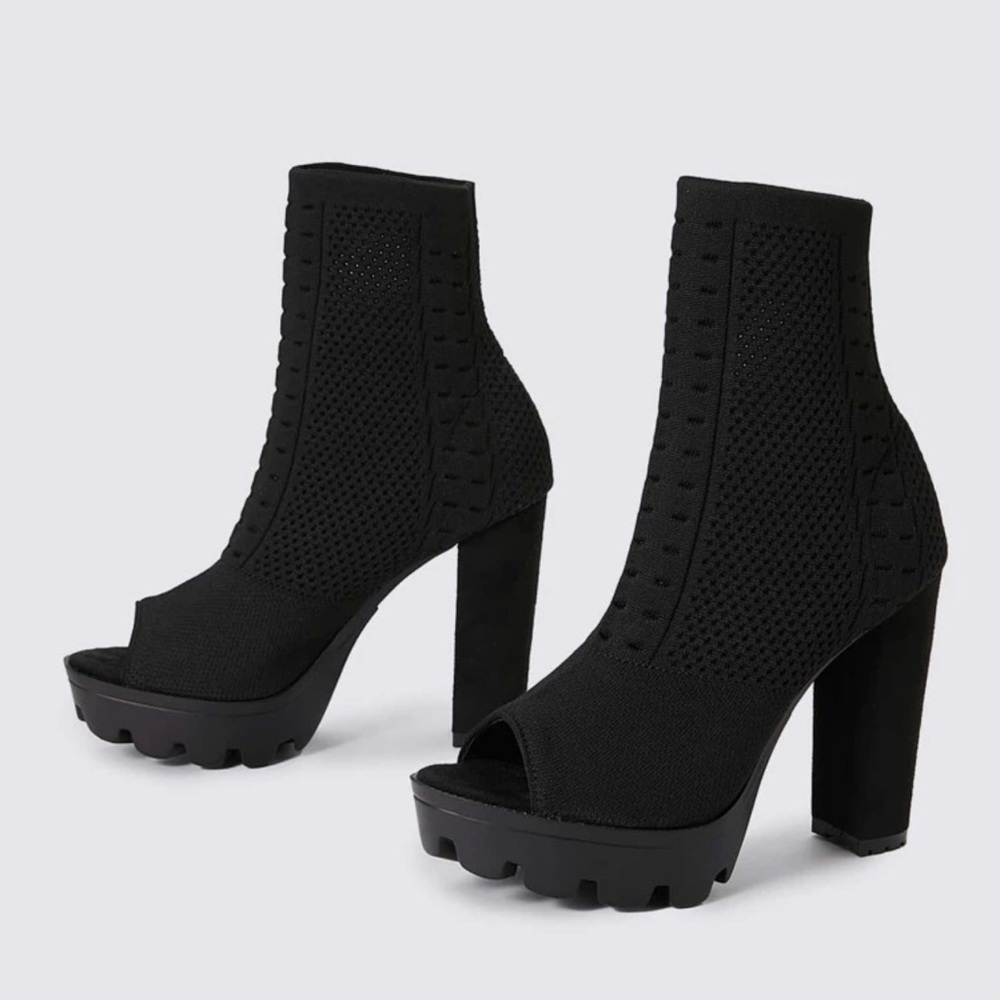 Peep Toe Chunky Heeled Sock Boots